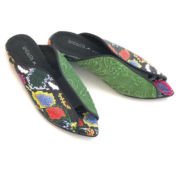 SANDALISTA Leather Sandals Slip On Slides Pointed Toe Snakeskin Size 7.5 EU38 - Picture 1 of 16